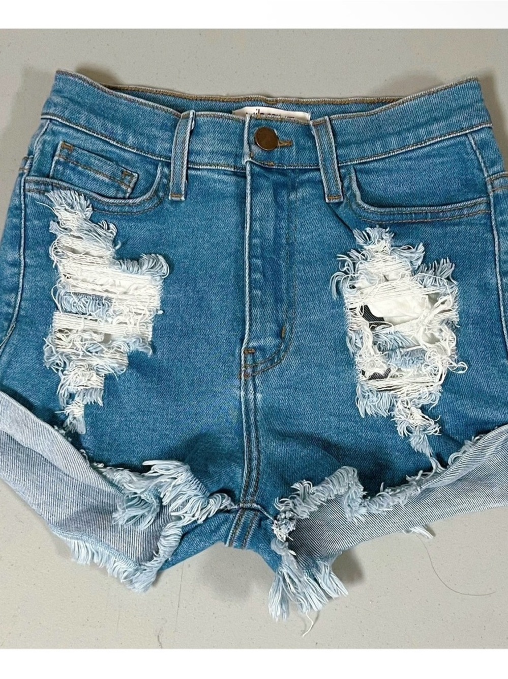 Vibrant MIU Blue Distressed High Waisted Cuffed Jean Denim Shorts Bottoms Size S